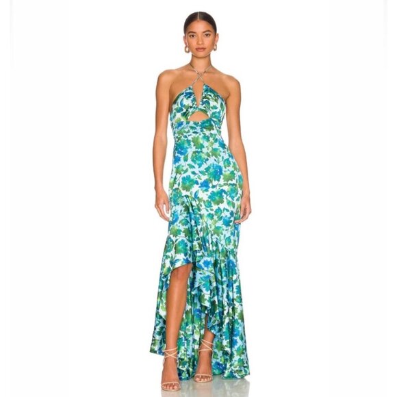 NWT Amur Edie High Low Tie Neck Gown in Cerulean Lotus Block Print - Picture 1 of 11
